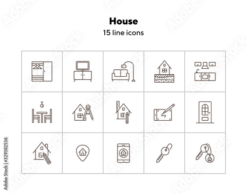 House line icon set. Interior, living room, key. Housing concept. Can be used for topics like real estate purchase, renovation, household