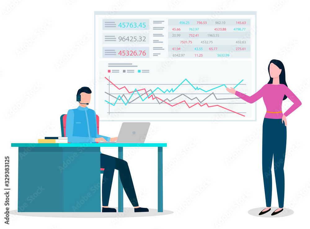Manager explaining schema about business project to office worker on appointment. Man sit by table and work on laptop. Woman stand near data board for meeting. Vector illustration in flat style