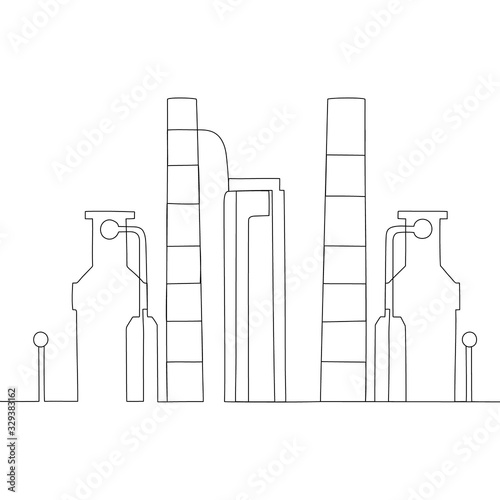 Oil and gas plant on white background. The concept of fuel, oil, natural resources. One line vector illustration