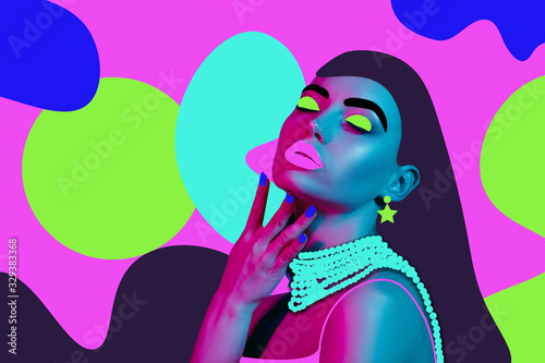 Portrait of a beautiful young woman with bright colorful painted design. Retro and magazine style, modern vision of females beauty and fashion, contemporary artwork. Copyspace. Make up and hairstyle.