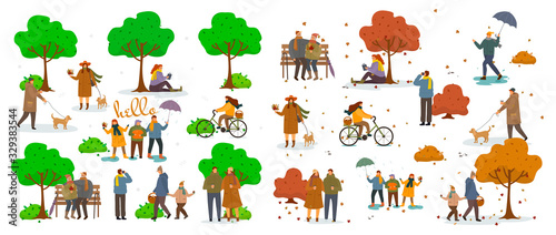 Active pastime on nature at park. Various people at spring and autumn park performing leisure outdoor activities. Walking with dog. Cartoon vector illustration. Relaxing in nature together, community
