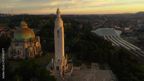 Aerial view of Église du Sacré-Coeur de Cointe church, Liège-Guillemins railway station and La Tour des Finances before sunset