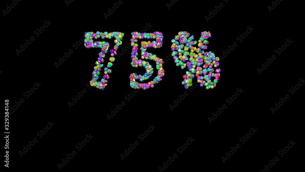 75% written in 3D illustration by colorful small objects casting shadow on a black background 75% written in 3D illustration by colorful small objects casting shadow on a black background