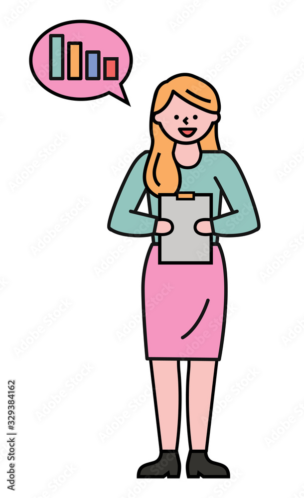 Presenter female holding document and presenting chart icon on white. Manager cartoon character h outline standing and discussing growth graph report. Professional worker analyzing symbol vector Presenter female holding document and presenting chart icon on white. Manager cartoon character h outline standing and discussing growth graph report. Professional worker analyzing symbol vector