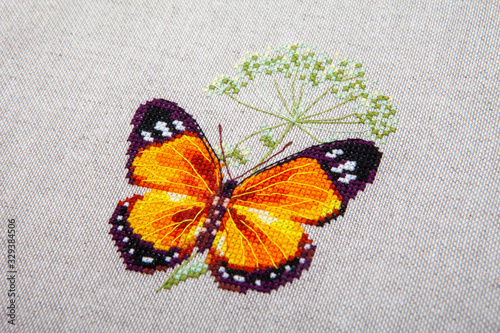 Cross-stitch butterfly with pink wings.