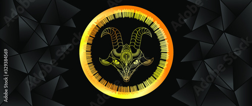 Big horned beast. Goat. Geometric interpretation. Background image of a goat in gold on a black background. Vector