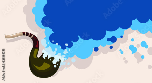 Vector background image of the mouthpiece from which smoke comes. The concept of the spilling sea and tourist vacations in the exotic countries of the Caribbean