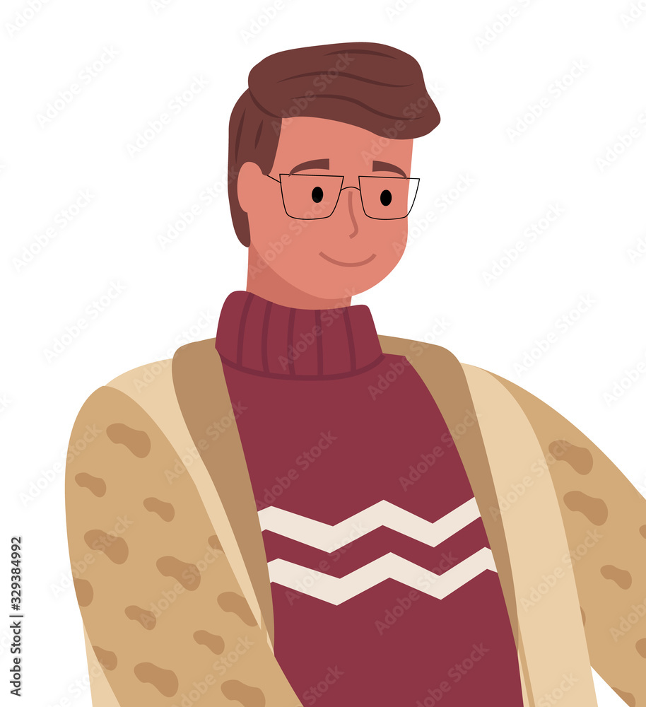 Man in glasses stand alone and smile. Person dressed in warm winter clothes like sweater and cardigan. Happy adult, guy isolated on white background, portrait. Vector illustration in flat style Man in glasses stand alone and smile. Person dressed in warm winter clothes like sweater and cardigan. Happy adult, guy isolated on white background, portrait. Vector illustration in flat style