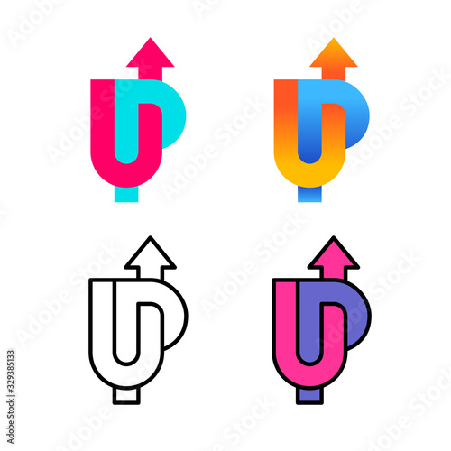 UP word colorful logo with arrow up. U and P letters wide stripe style sign with variations.