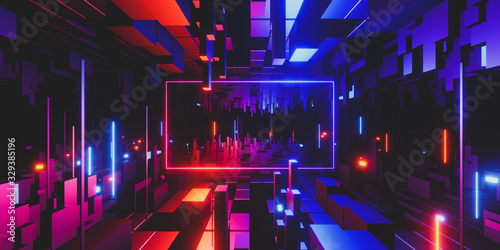 Papier peint Abstract geometric background sci-fi construction of cubes or space station, blue yellow neon glowing light, blank horizontal rectangular frame