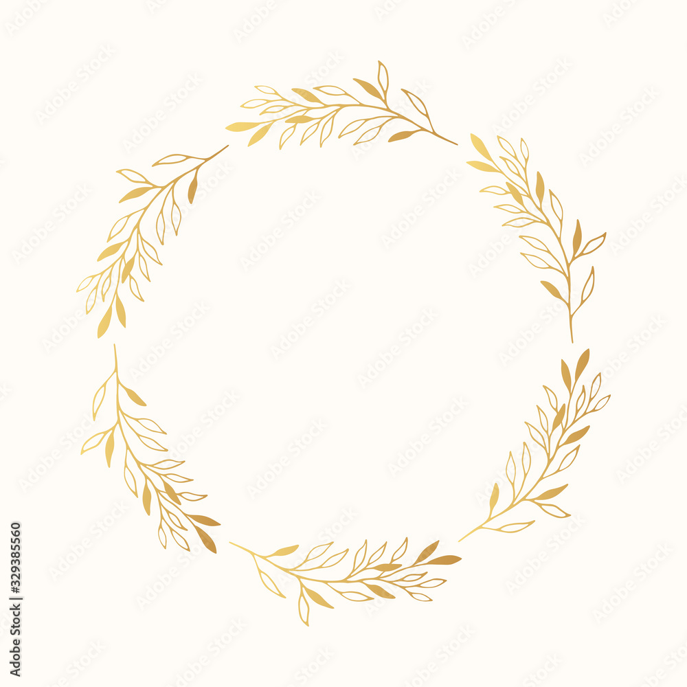 Vector isolated gold rustic frame. Hand drawn floral branch and herb golden wreath. Invitation card flourish wedding border. Vector isolated gold rustic frame. Hand drawn floral branch and herb golden wreath. Invitation card flourish wedding border.