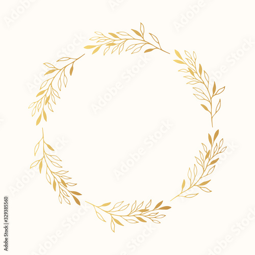 Vector isolated gold rustic frame. Hand drawn floral branch and herb golden wreath. Invitation card flourish wedding border. 