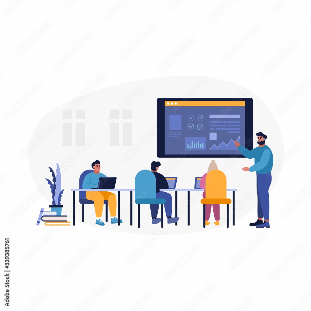 Mobile report analysis tool app flat business concept web vector illustration. Business people studying graphic charts. People sitting at tables with laptops. Big screen with charts. Mobile report analysis tool app flat business concept web vector illustration. Business people studying graphic charts. People sitting at tables with laptops. Big screen with charts.