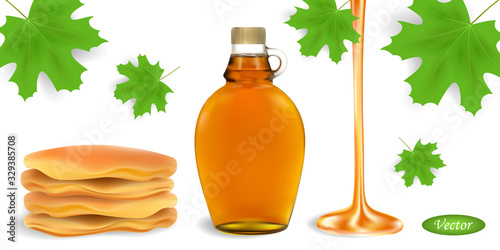 Maple syrup bottle, pancakes and maple leaves isolated on white background. Set realistic icons 3D. Vector illustration. Collection natural elements for design banner, card, brochure, cover, booklet.