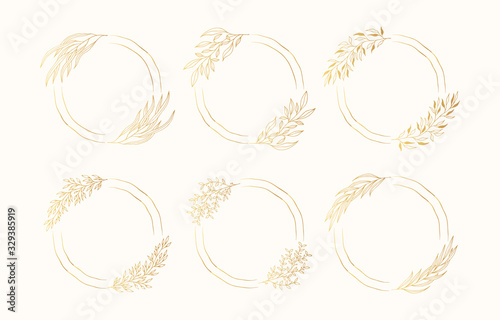 Set of vector isolated elegant flourish wreaths. Golden floral herb frames. Rustic gold invitation or greeting borders for wedding card. 