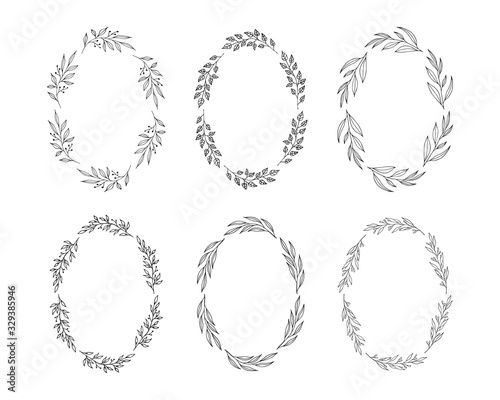 Set of oval floral branch wreaths. Rustic frames for wedding invitation card. Vector isolated spring flourish borders.