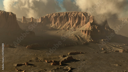 Clouds over rugged mountain landscape. Digitally generated image.