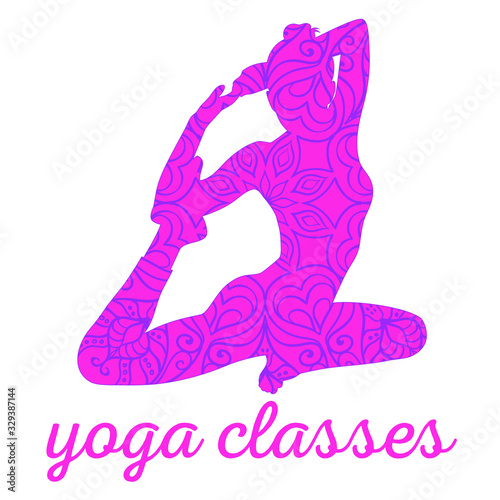 Shape of woman body with colored doodle ornament in yoga pose. Yoga girl icon for avatar, studio, banner.