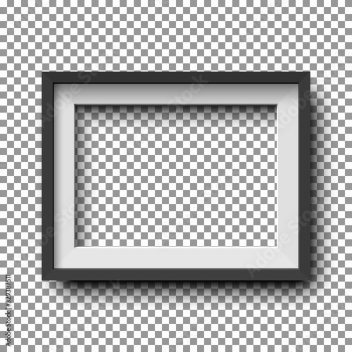 Realistic horizontal black picture frame isolated on transparent background.