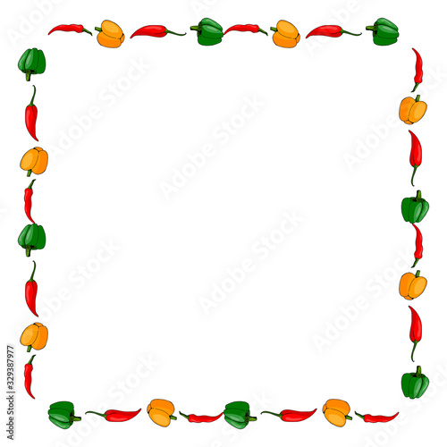 Square frame with fine peppers  on white background. Vector image.