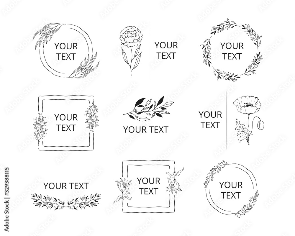 Collection of wreaths, frames and borders for elegant design. Hand drawn wedding branding set with monograms with floral branches, flowers and herbs. Collection of wreaths, frames and borders for elegant design. Hand drawn wedding branding set with monograms with floral branches, flowers and herbs.