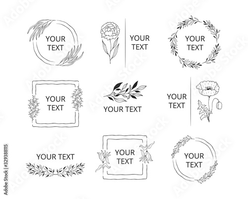 Collection of wreaths, frames and borders for elegant design. Hand drawn wedding branding set with monograms with floral branches, flowers and herbs.