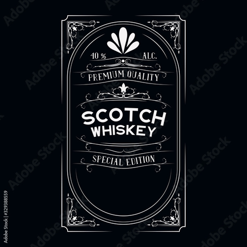Hand drawn victorian scotch whiskey label with lettering for pub. Premium vintage alcohol frame for drink bottles in bar menu.