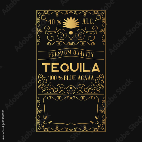 Hand drawn golden vintage tequila frame. Gold alcohol label for bottle or bar menu with lettering. 