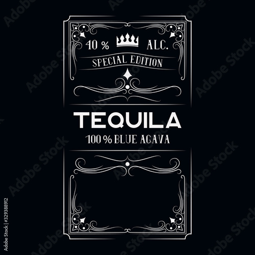 Hand drawn vintage premium alcohol frame. Ornate tequila label for bottle or bar menu with lettering. 