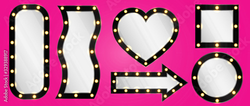 Set of make up illuminated mirrors on pink background. Hollywood vertical mirror with black frames and yellow lights around. Kids girlish dressing room. Toilet vintage style. Сrimson color banner wall
