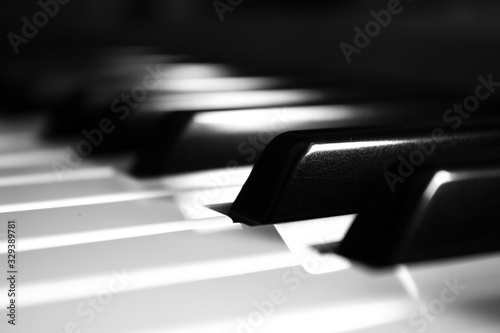 Piano keyboard close up in monochrome with blurred background