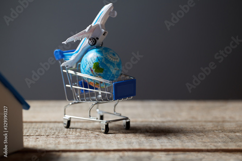 Planning worldwide trip. Booking online. Tickets reservation. House rent. Vacation and travelling concept. Earth globe and plastic plane in shopping cart. Grey background