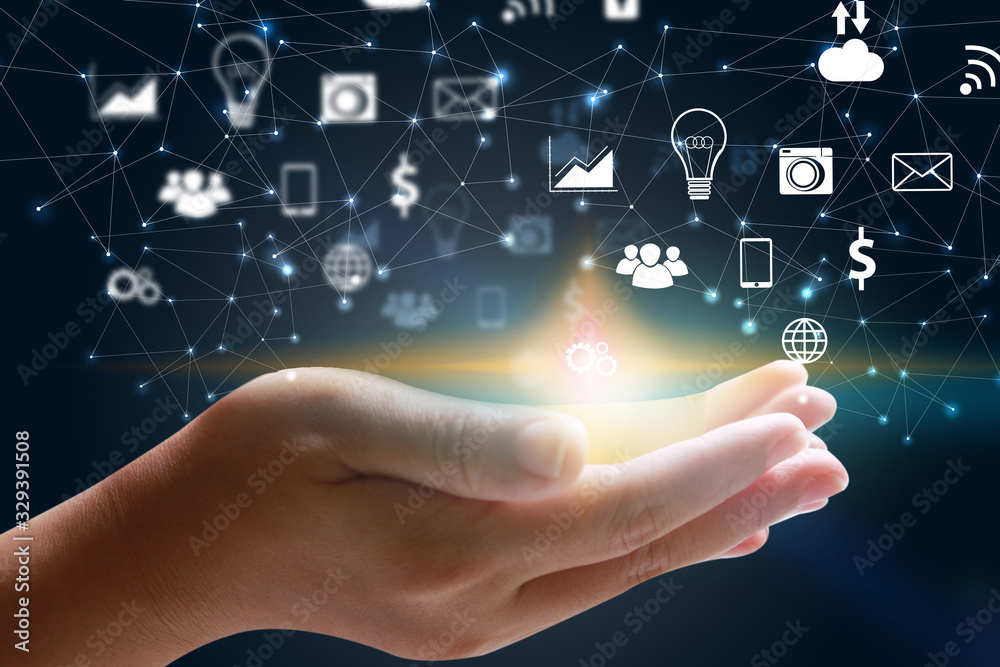 icons interface on hand. Social media concept icons interface on hand. Social media concept