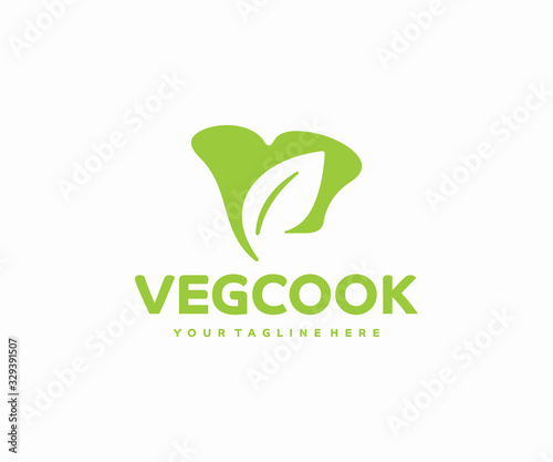 Vegetarian cooking logo design. Chef hat and leaf vector design. Vegan cuisine logotype