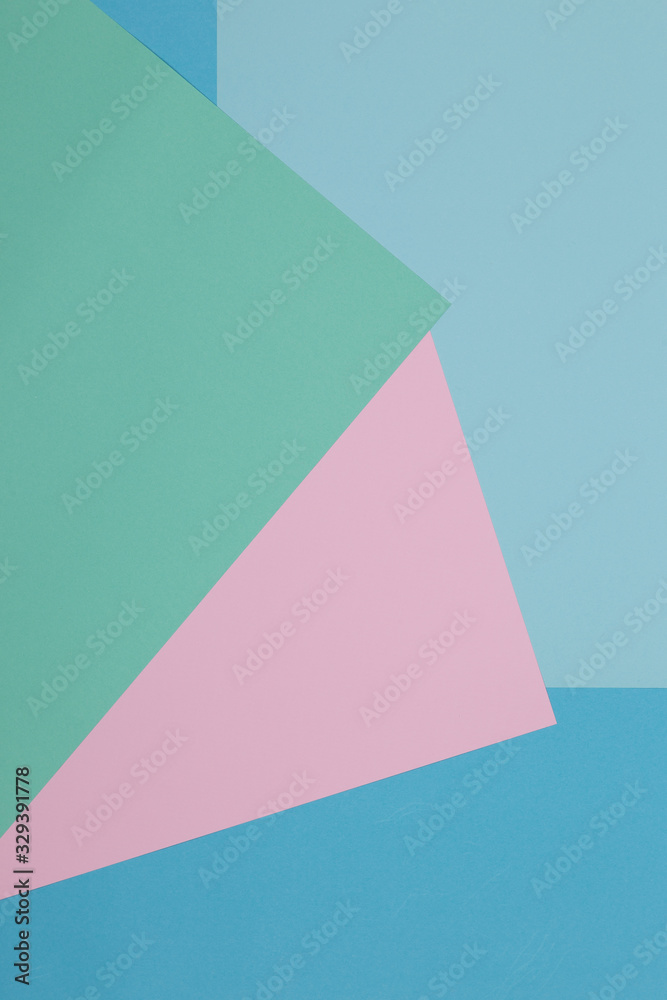 Blue, green and pink background, colored paper geometrically divides into zones, frame, copy, space. Blue, green and pink background, colored paper geometrically divides into zones, frame, copy, space.