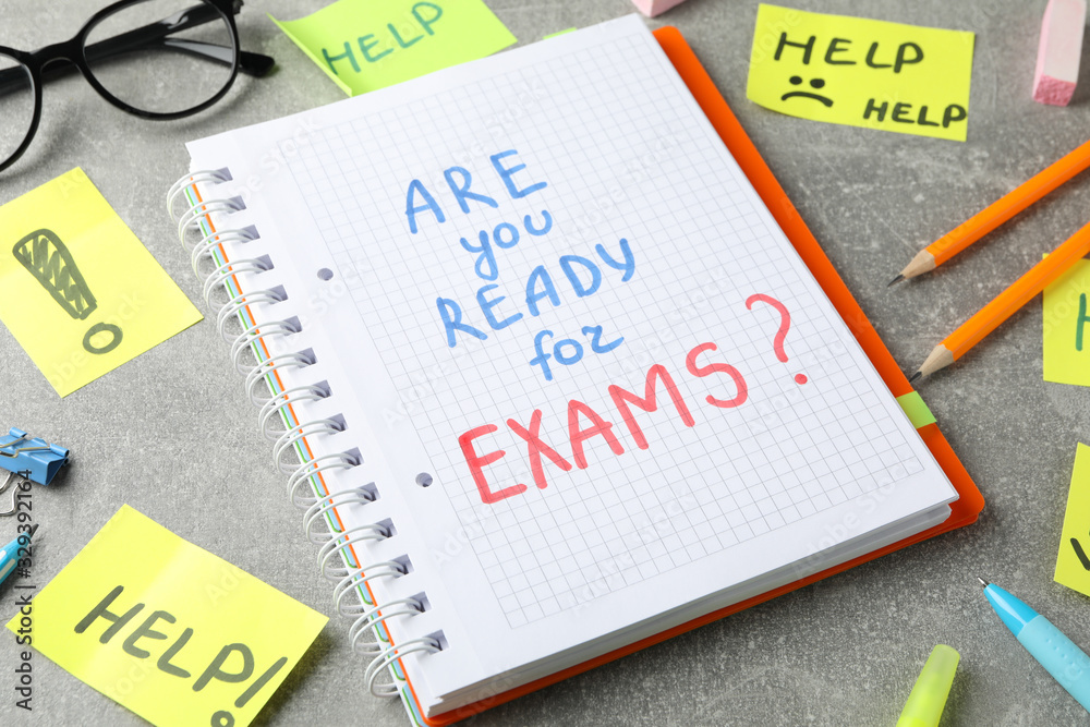 Inscriptions Are you ready for exams? and Help on grey background, close up Inscriptions Are you ready for exams? and Help on grey background, close up