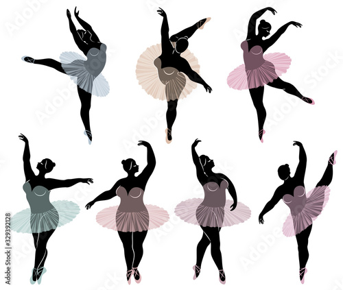 Collection. Silhouette of a cute lady, she is dancing ballet. Woman is overweight. The girl is plump and slim. Woman is ballerina, gymnast. Vector illustration set