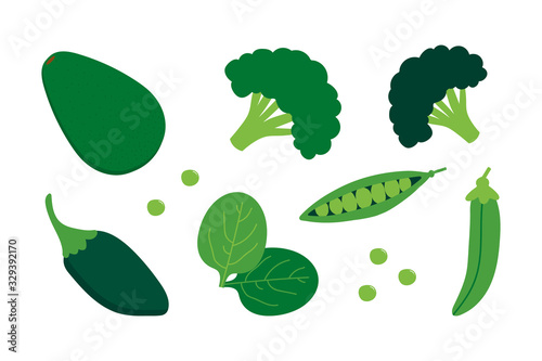 Set, collection of green vegetables. Avocado, broccoli, spinach, chili pepper and green peas vector icons.