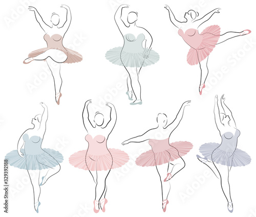 Collection. Silhouette of a cute lady, she is dancing ballet. Woman is overweight. The girl is plump and slim. Woman is ballerina, gymnast. Vector illustration set