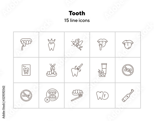 Tooth line icon set. Extraction, no smoking, brush, toothpaste. Dental care concept. Can be used for topics like dentist, pediatric dentistry, health care