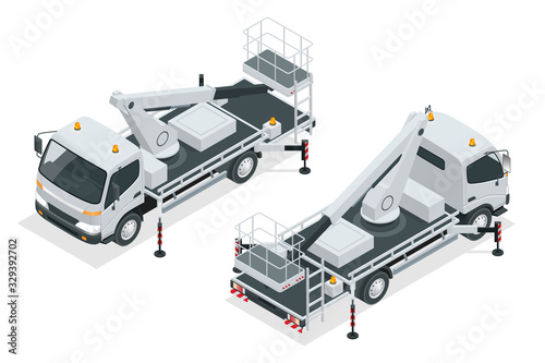 Isometric Yellow Engine Powered Scissor Lift isolated on white background. Vector illustration in a flat style. Modern Truck-mounted.