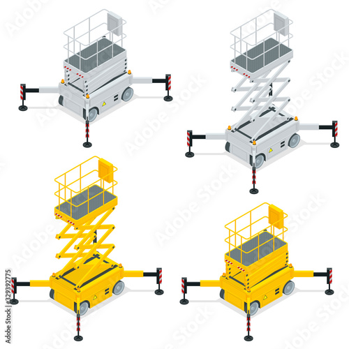 Isometric Yellow Engine Powered Scissor Lift isolated on white background. Vector illustration in a flat style. Modern Truck-mounted.