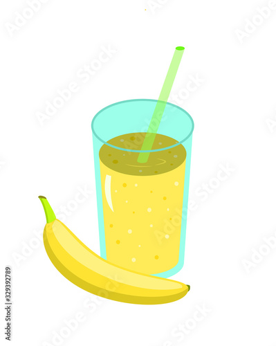 Banana juice smoothie in a glass glass with a fresh banana and a straw.Fresh natural healthy fruit and berry drink. Vector illustration.