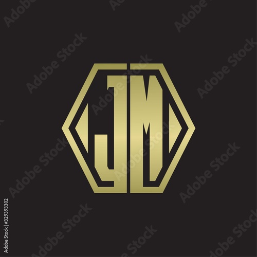 JM Logo monogram with hexagon line rounded design template with gold colors