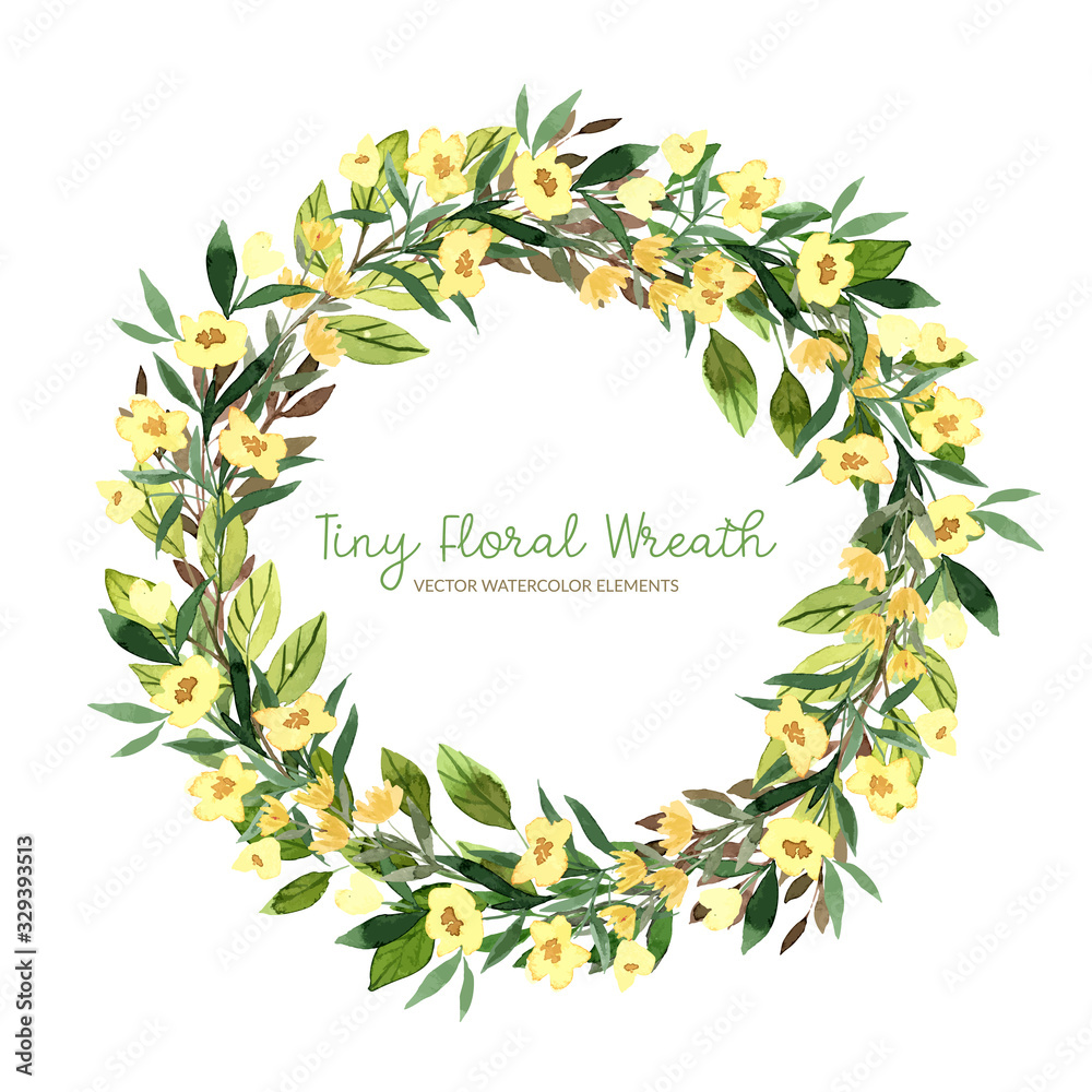Tiny floral wreath, watercolor leaves and branches