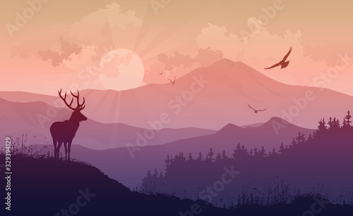 mountain landscape with a deer and birds flying to the sun, vector illustration, silhouette composition with good detail © kozerog2015