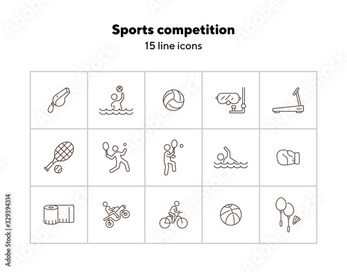 Sports competition line icon set. Water sport, tennis, cycling. Physical activity concept. Can be used for topics like sport, entertainment, leisure