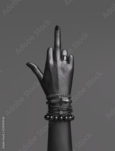 Fuck you hand sign. Bad girl gesture with gold wrist bracelets and finger rings isolated, creative art protest banner, fashion hipster accessories, 3d rendering
