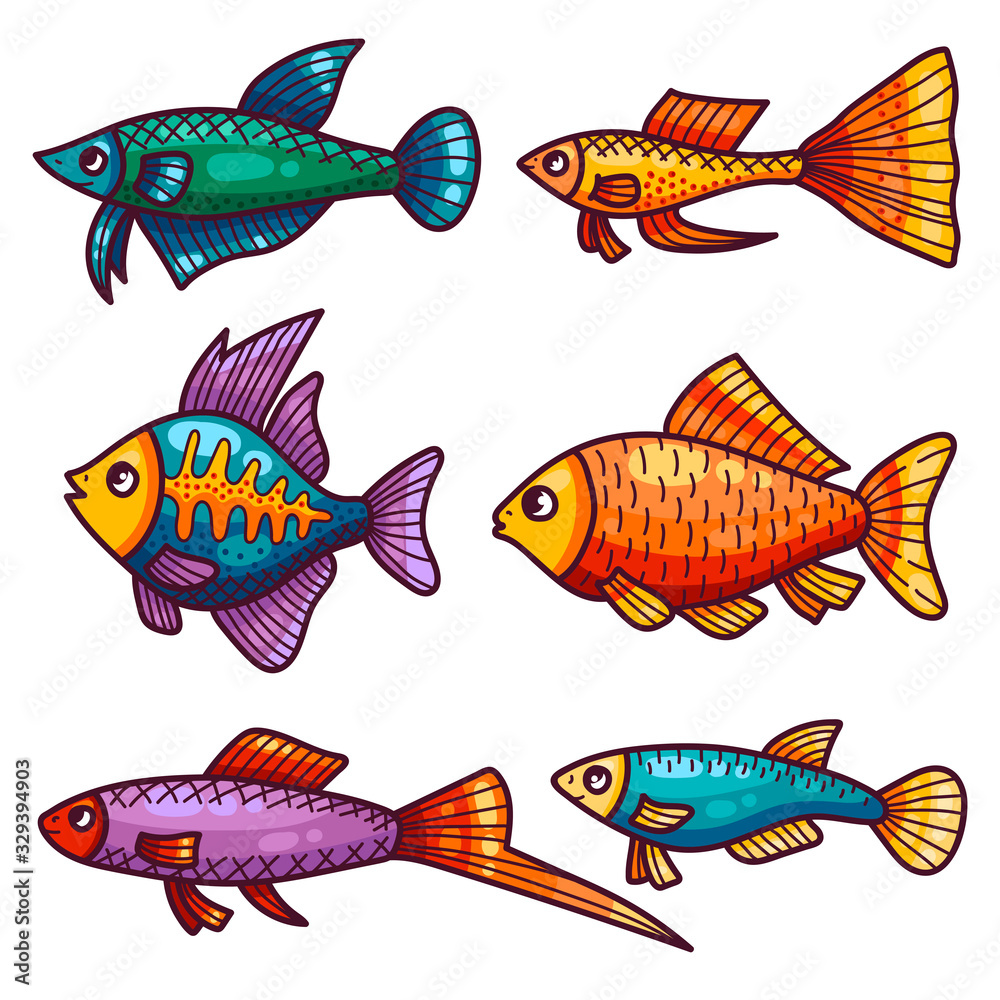 Colorful cartoon fish vector icons set