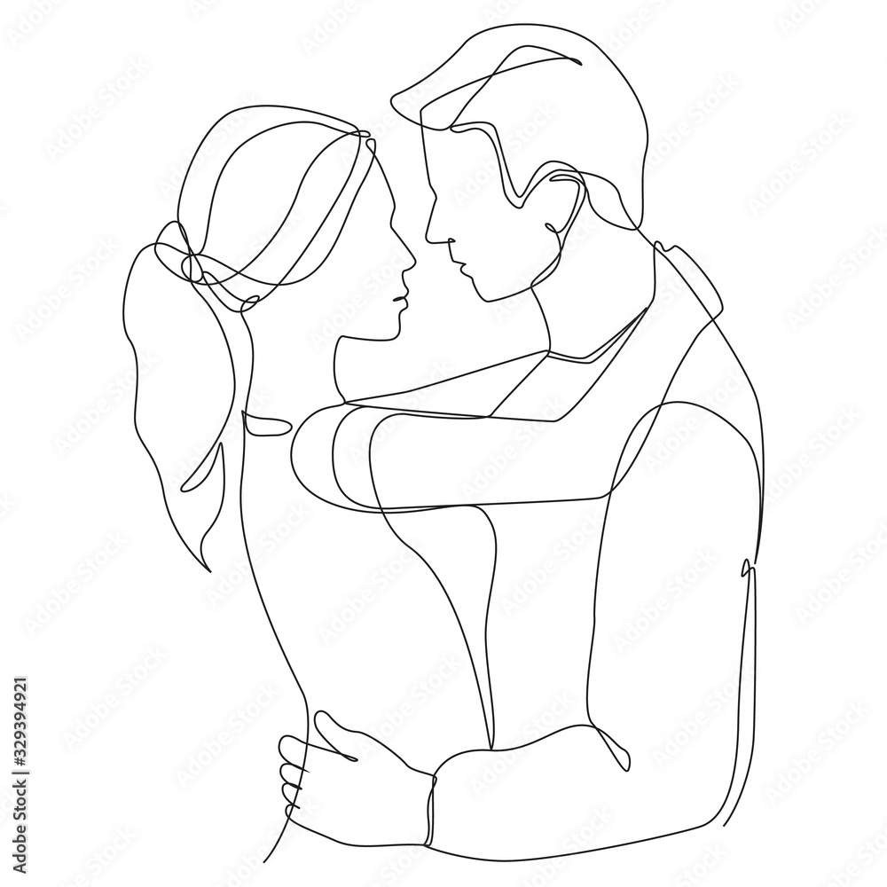 Man and woman hugging one line drawing on a white isolated background. Vector illustration Man and woman hugging one line drawing on a white isolated background. Vector illustration